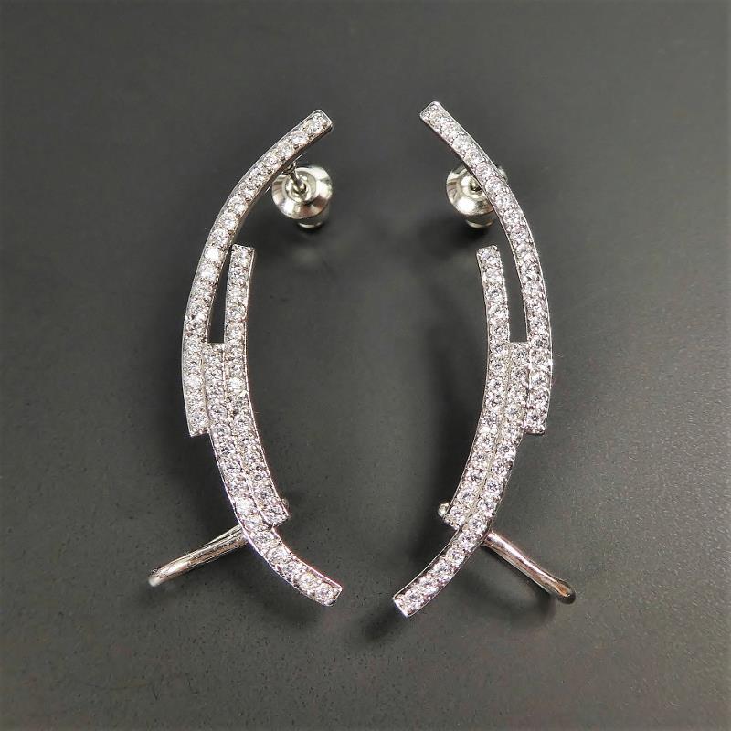 Shiny Silver Rhodium Plated CZ Pave Minimal Lines Earrings Ear Climber Crawler