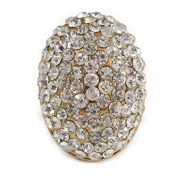 Oval Dome Shape Clear Crystal Ring In Gold Tone Metal – 30mm Long – 7/8 Size