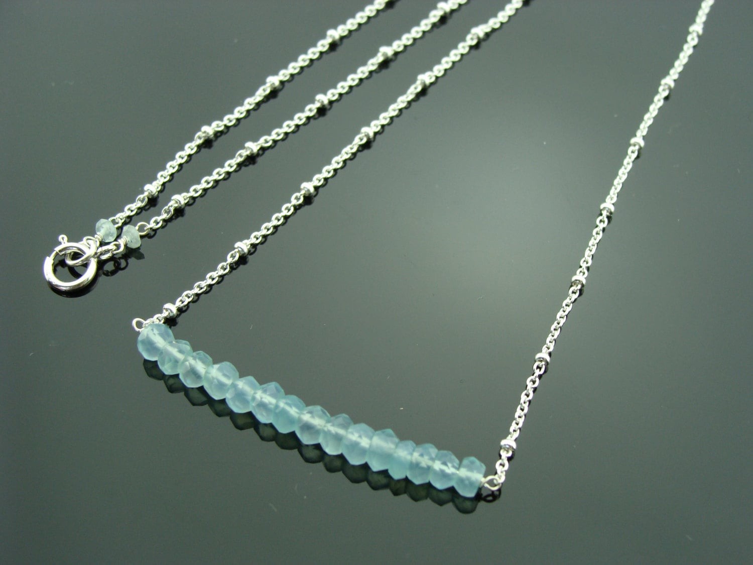 Aqua Blue Chalcedony Bar Necklace · 925 Sterling Silver Horizontal Gemstone