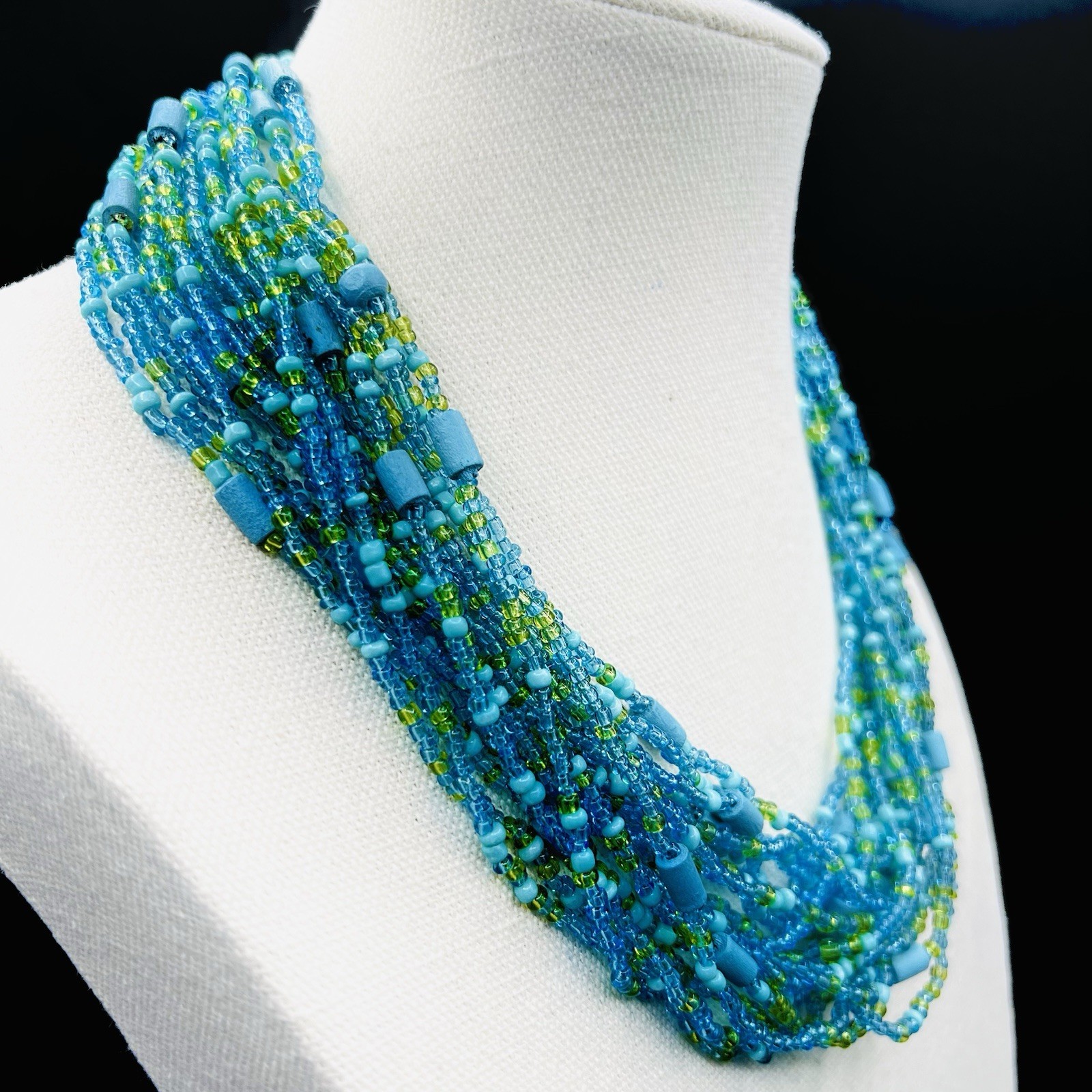 Aqua Lime Seed Bead Necklace Multi Strand Statement Bib Collar Beach Boho