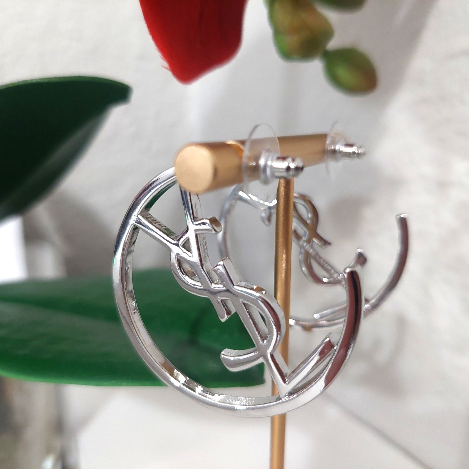 Auth. YVES SAINT LAURENT YSL LOGO Large HOOP EARRINGS Silver Tone