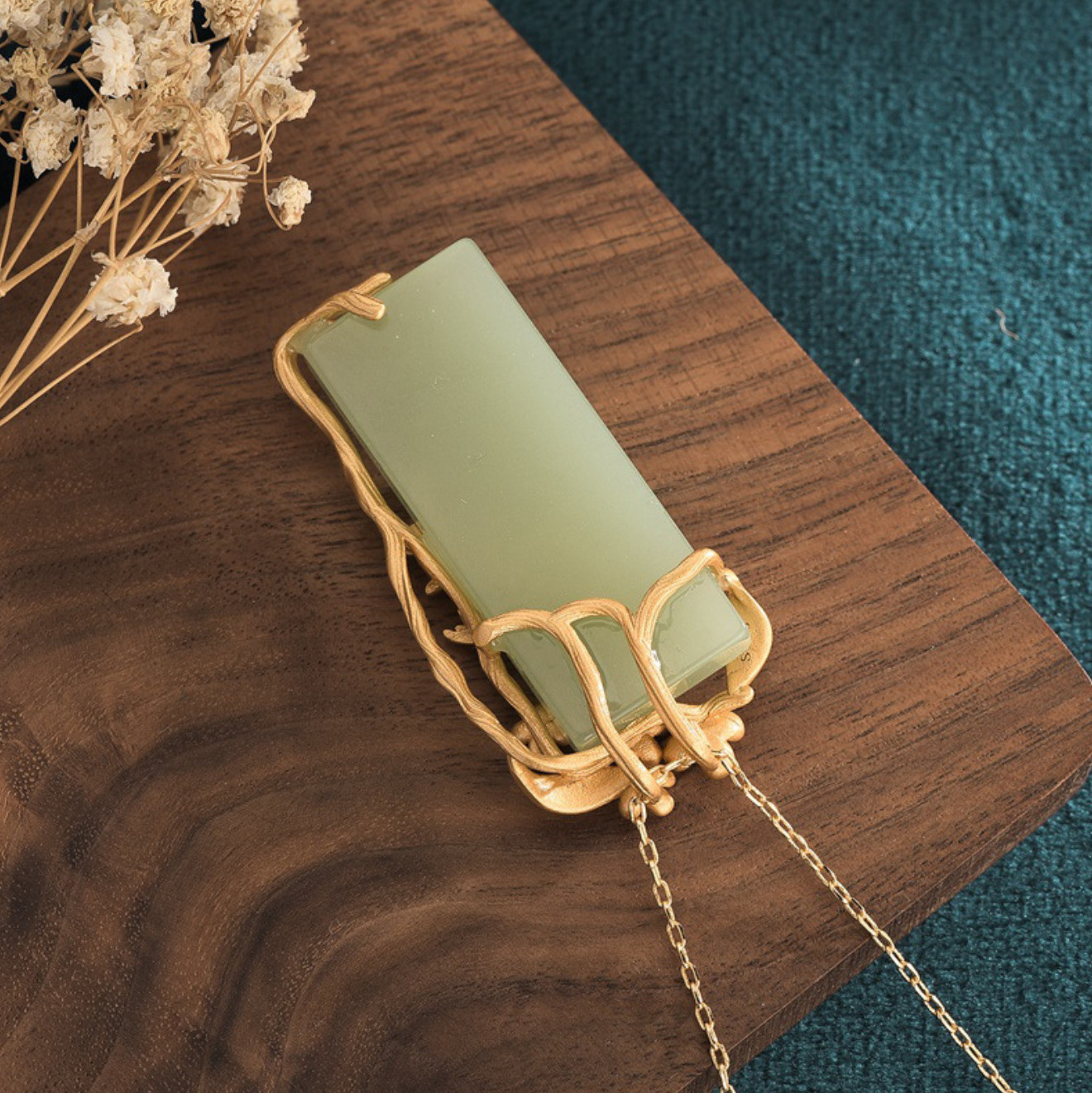 Jade Pendant Necklace Charm 18K Gold Plated Chain Phoenix Bird Dainty Gemstone