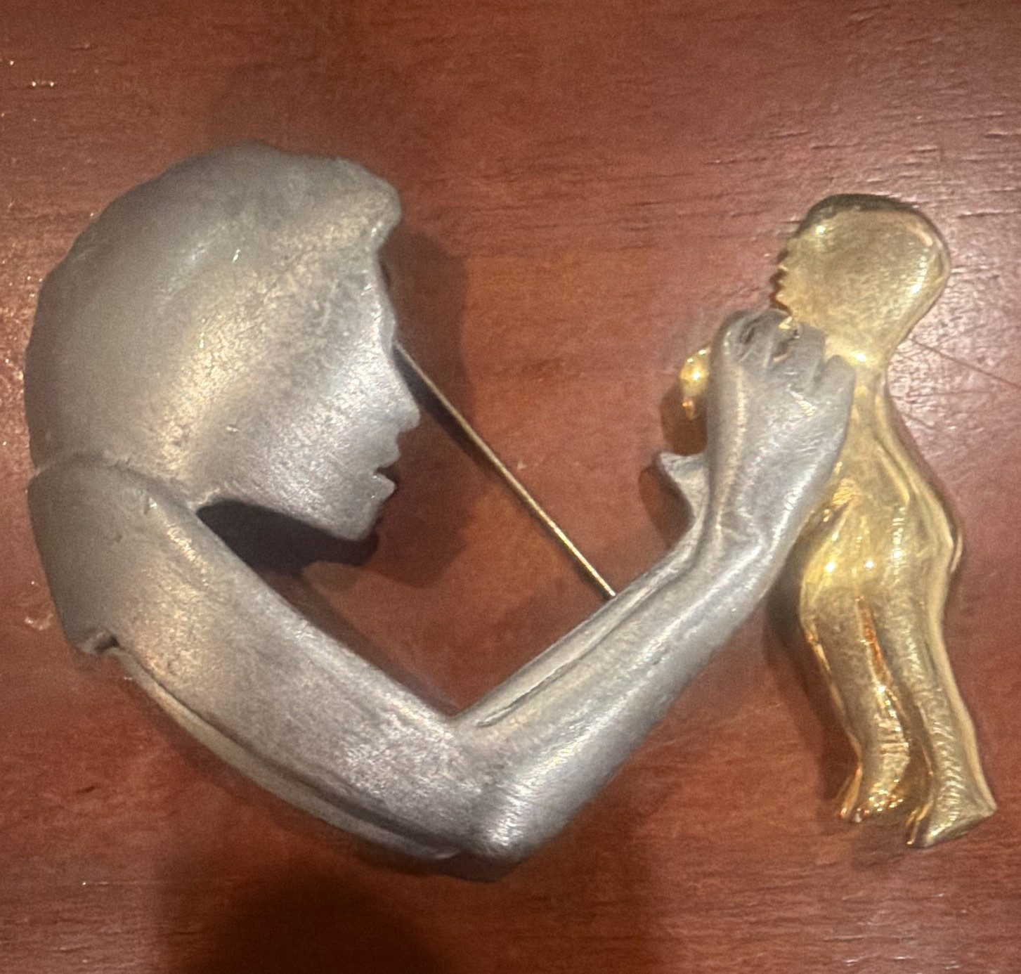 JJ Signed Two-Tone Silver Gold Mother & Child Figural Brooch Pin