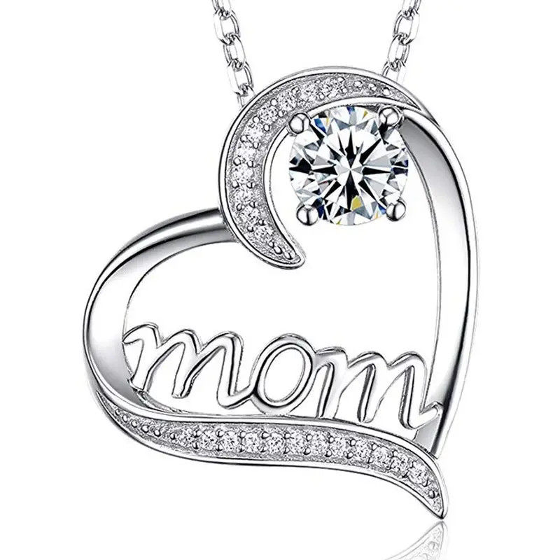 Mother’s Day Silvertone Heart Mom Clear Rhinestone Necklace – New