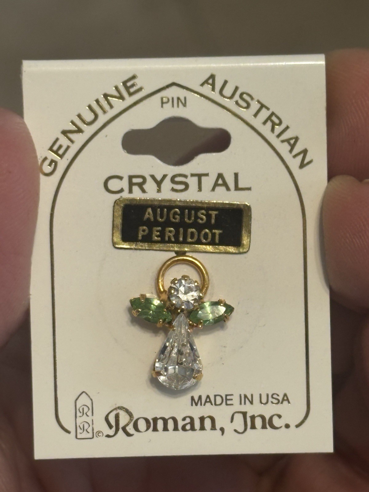 Roman Inc Genuine Austrian Crystal August Peridot Angel Lapel Pin brooch, New