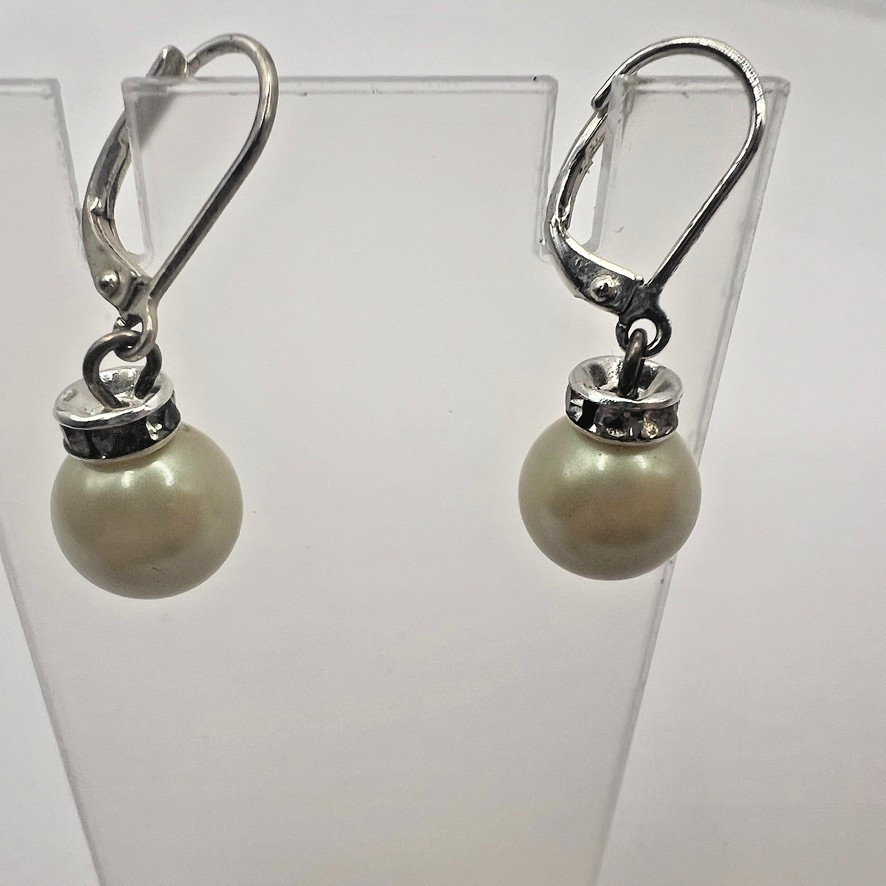 Elegant Pearl Drop Leverback Earrings Rhinestone Rondelles Accents Silver Bridal