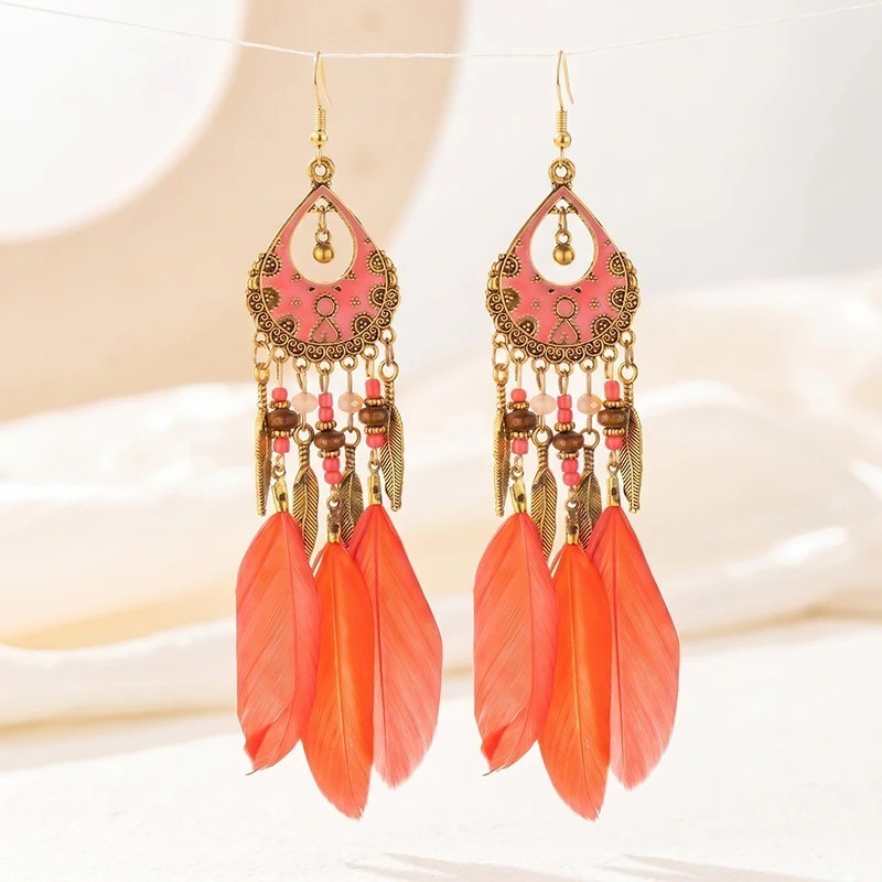 Handmade Bohemian Charm Colorful Feather Retro Design Beaded Long Earrings Women
