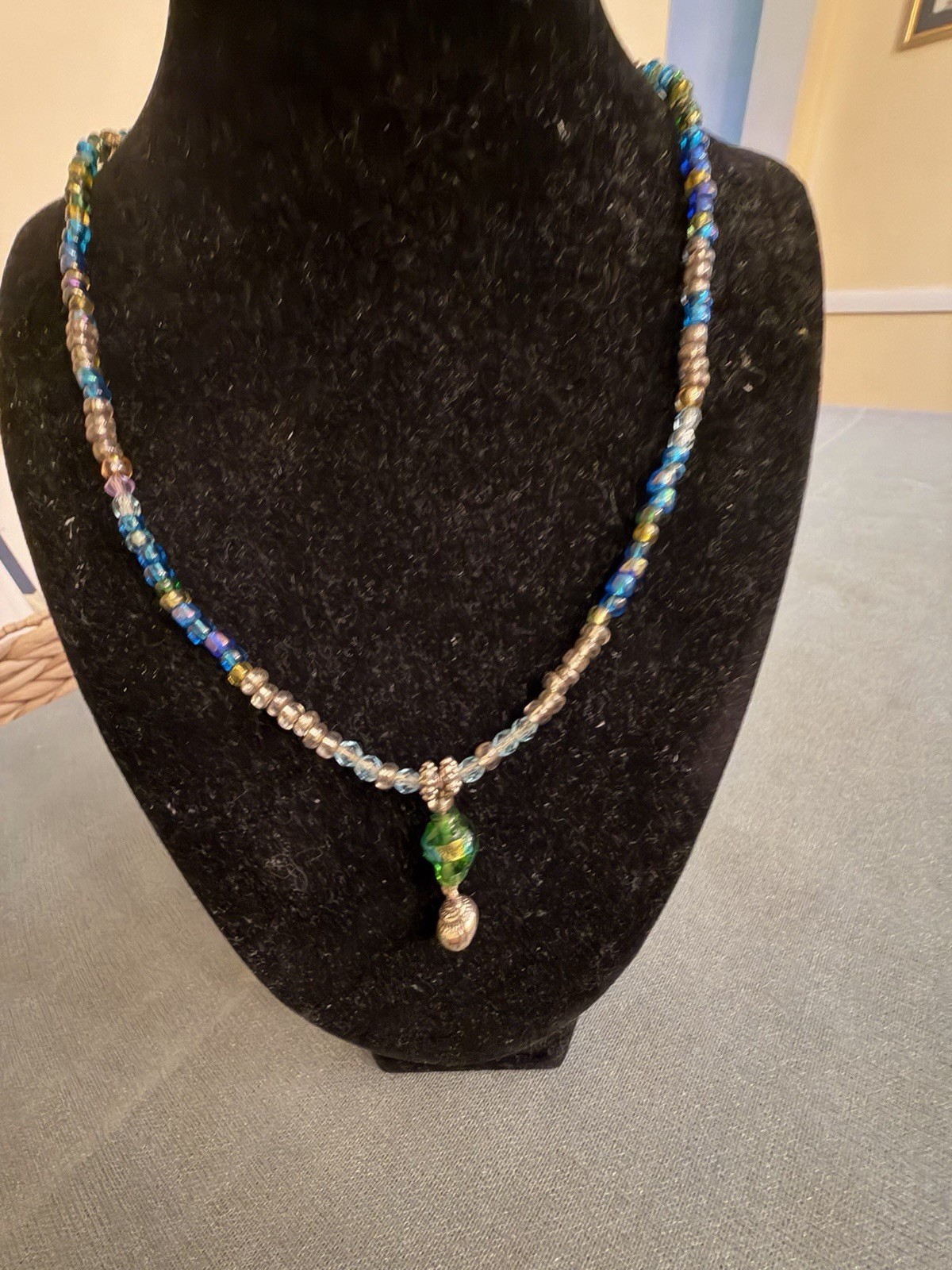 Blue & Green Glass Beaded Ball Chain Necklace w/ Silver Tone Round Charm Pendant