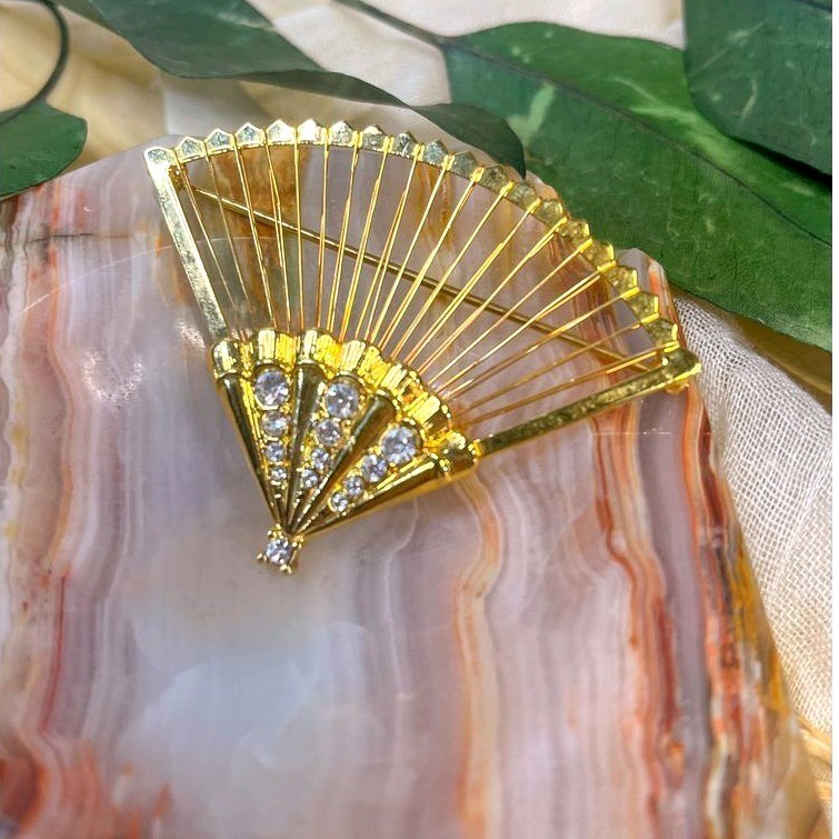 Monet Brand Vintage Fan Shaped Brooch with Rhinestone Details