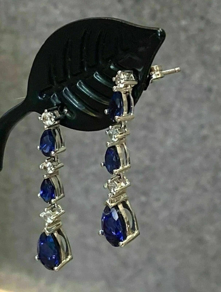 3Ct Pear Cut Blue Sapphire Diamond Drop Dangle Earrings 14K White Gold Plated