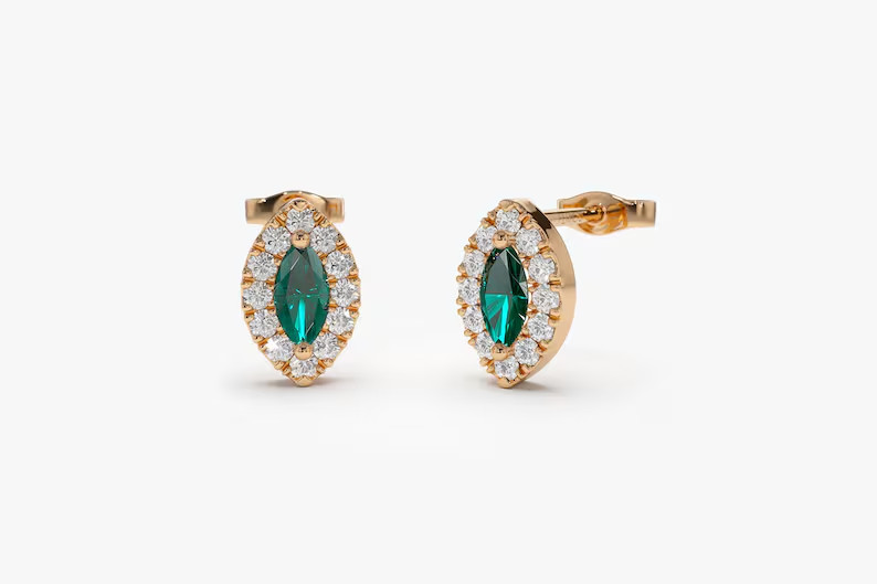 2.29 Ct Marquise Cut Simulated Emerald Halo Stud Earrings 14k Yellow Gold Plated
