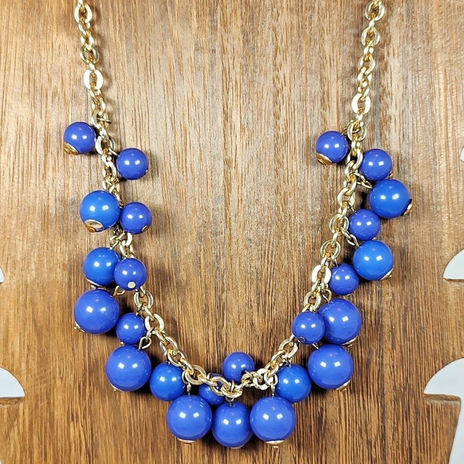 Gold Tone Metal Purplish Blue Beaded Cluster Fashion 18″ x 20.5″ Necklace Bold