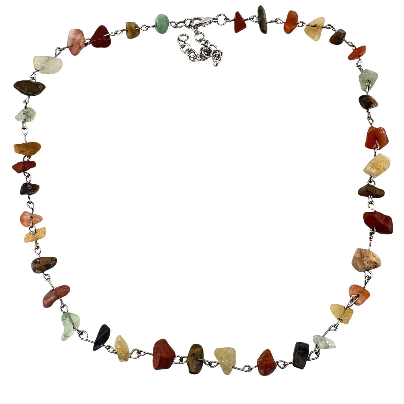 Semi Precious Stone Chips Tumbled Quartz Jasper Agate Silver Tone 20” Necklace