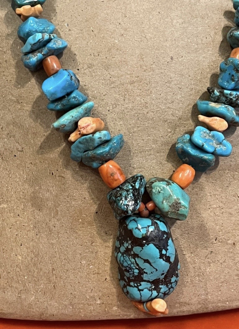 70s VTG Turquoise and Coral Chunky Necklace