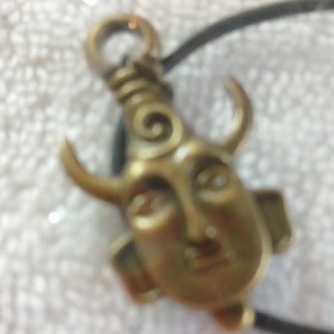 Gold-Tone Face Charm Pendant Necklace on Black Cord, No Stones