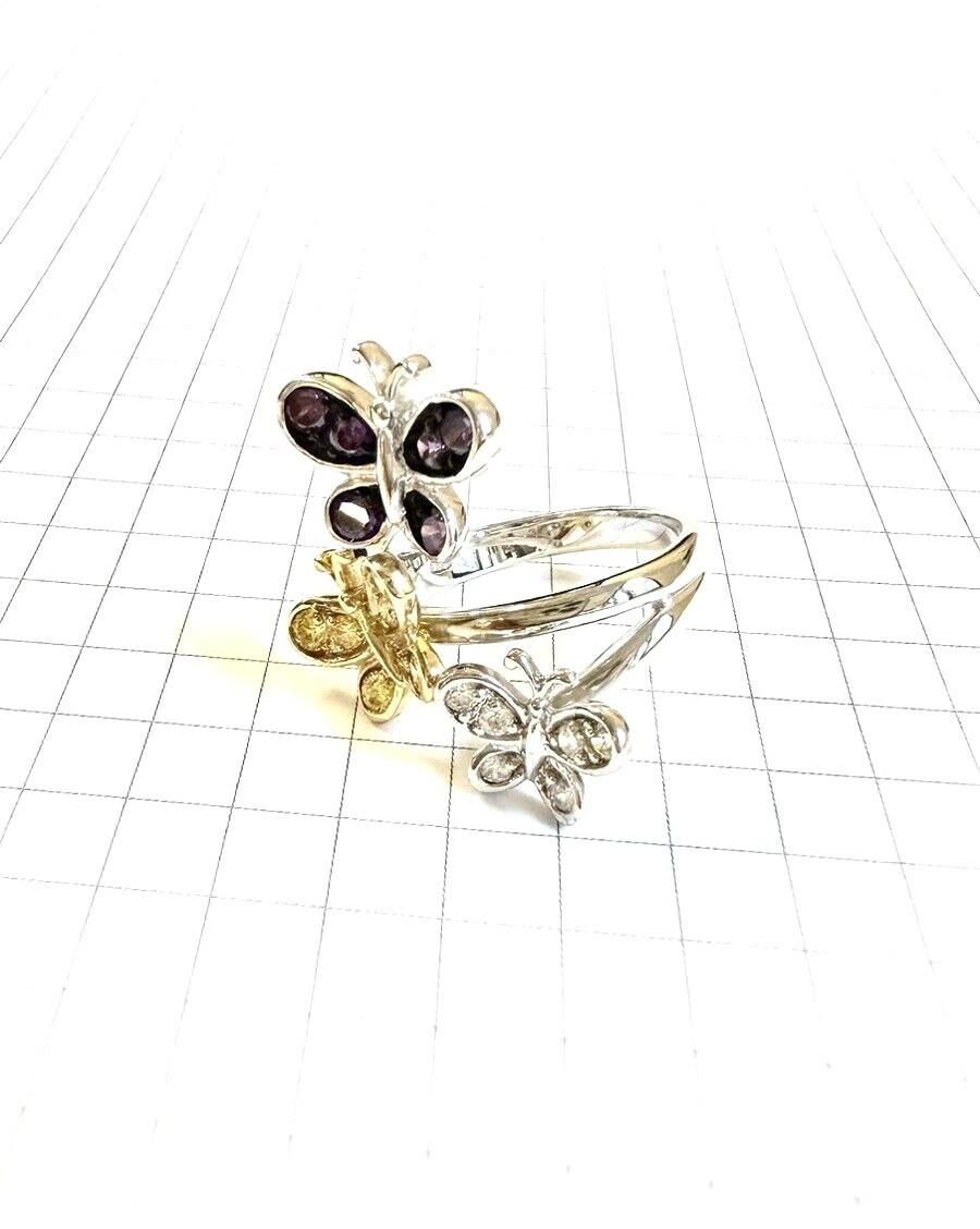 (SIZE 6,7,8,9) BUTTERFLY TRIO RING Gold, White, Purple CZs .925 STERLING SILVER