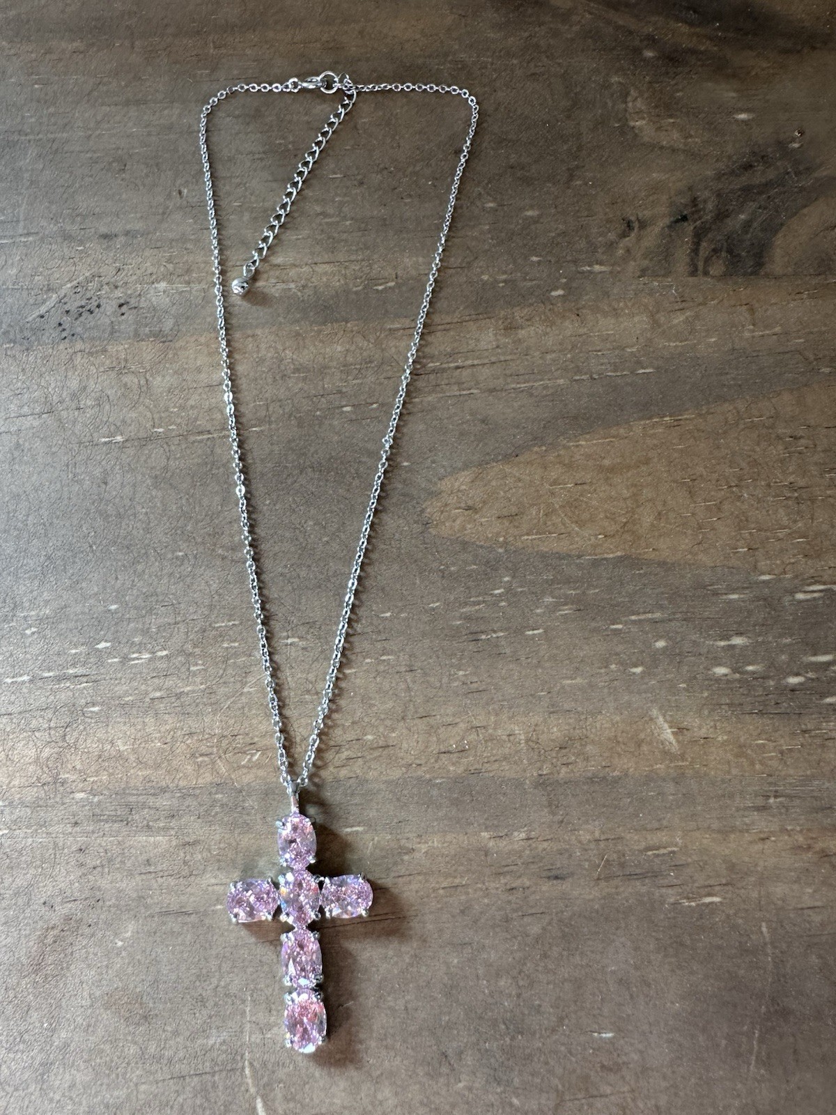 New Without Tags White Gold Plated Pink CZ Stone Cross Pendant Necklace 16-18”