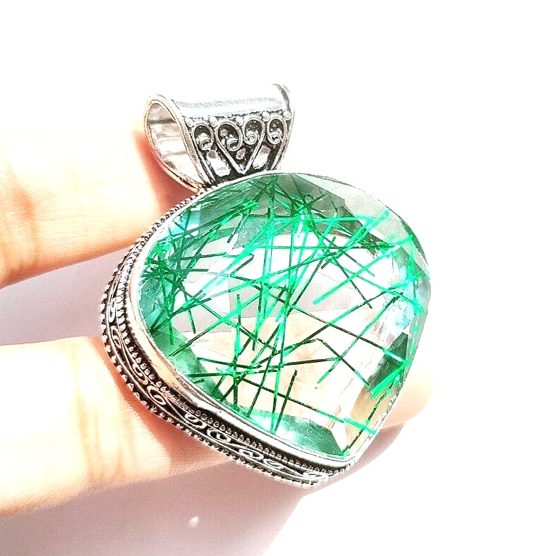 Green Rutialted Quartz Gemstone 925 Sterling Silver Handmade Jewelry Pendant