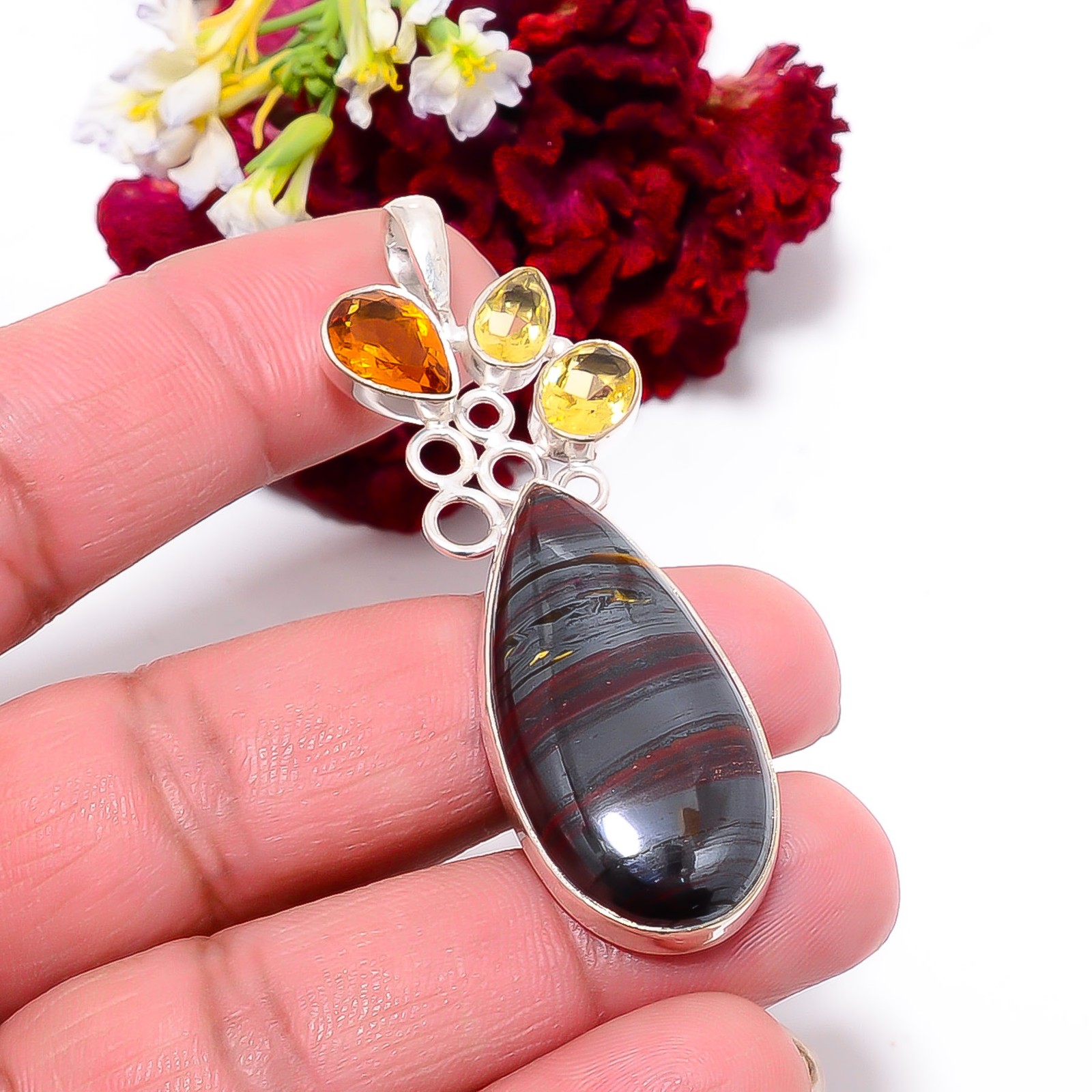 Iron Tiger Eye – South Africa & Citrine 925 Sterling Silver Pendant 2.34″ P11