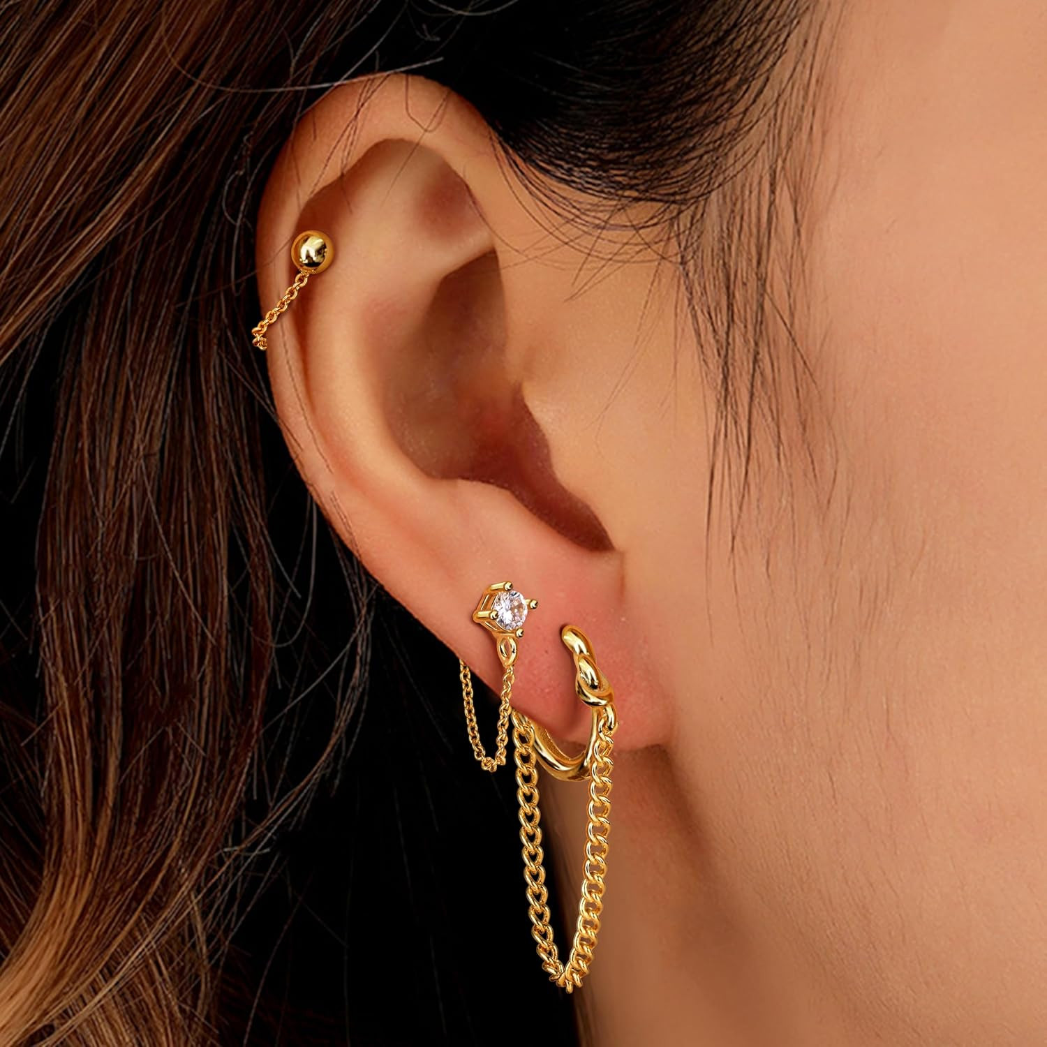 4 Pairs Chain Earrings for Women 14K Gold Earring Stacks Hypoallergenic Cute Cha