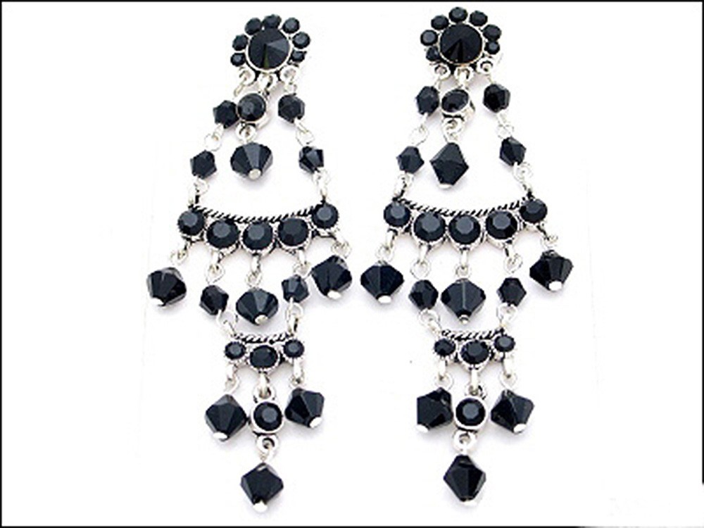 DESIGNER INSPIRED BLACK AUSTRIAN CRYSTAL SILVER ANGEL 3in CHANDELIER EARRINGS