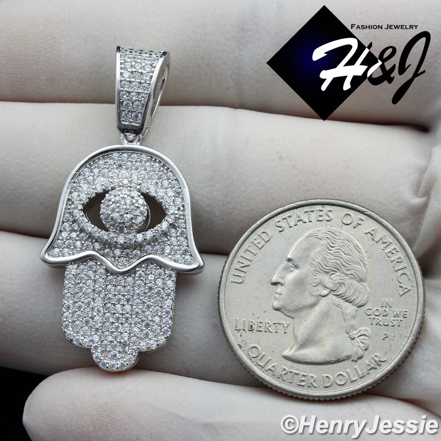 925 STERLING SILVER 24″X2MM MOON CUT BEAD CHAIN ICY CZ 3D HAMSA HAND PENDANT*178