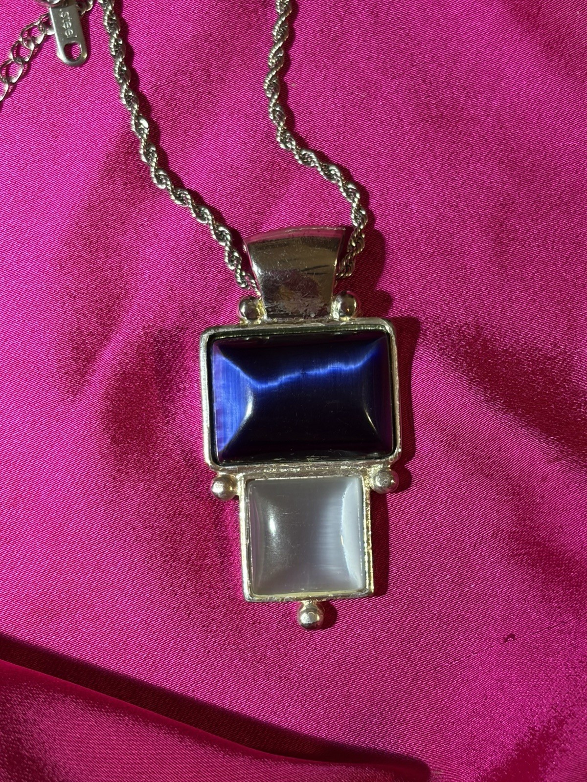 Napier Silver Tone Rope Chain Necklace Rectangle Blue White Inlay Pendant