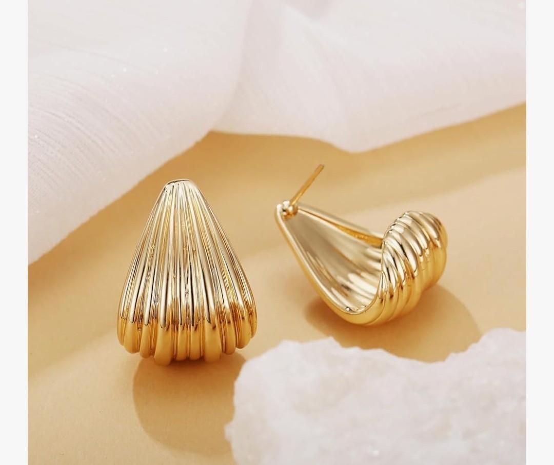 Earrings Gold Ribbed Teardrop C-Shaped J-Shaped Waterfall Texture Copper