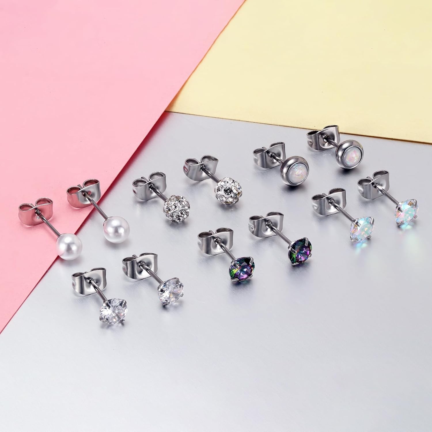 10 Pairs Stainless Steel CZ Stud Earrings 20G Cartilage 8mm 10mm Hoop Set Unisex