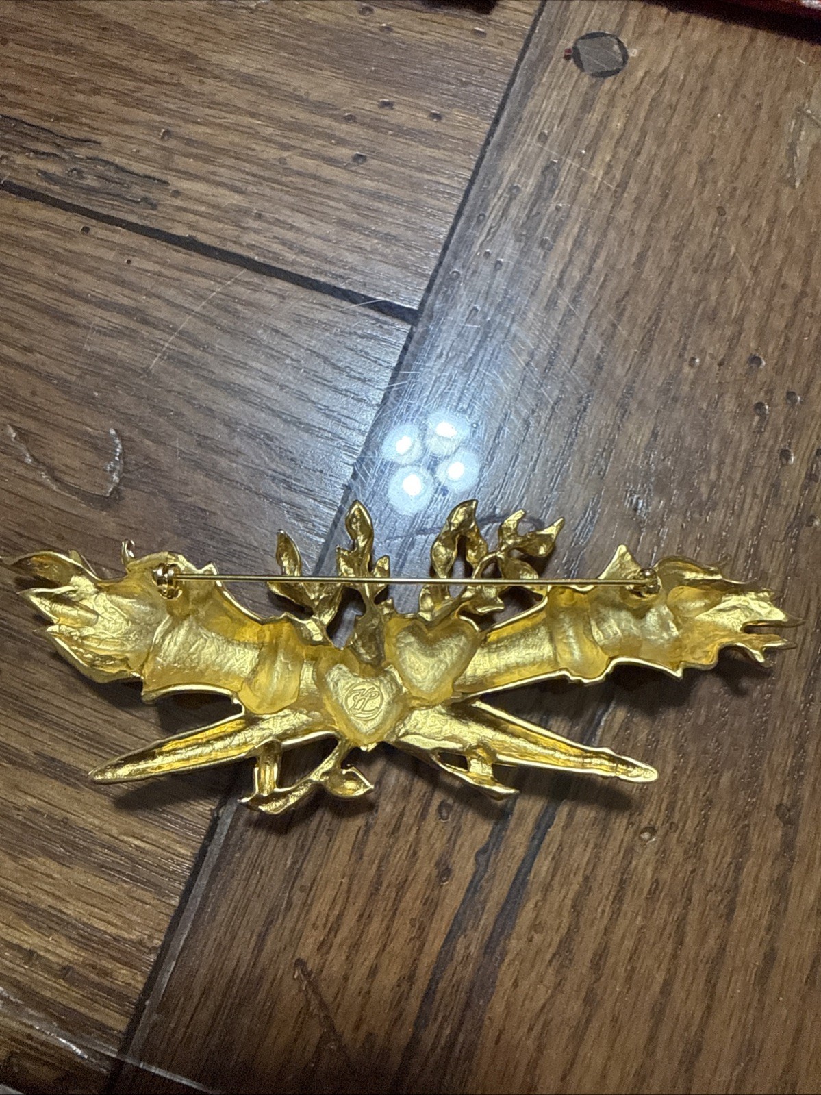 Karl Lagerfeld 1993 Heart Flaming Torch Pin Brooch 5” Wide Excellent Designer
