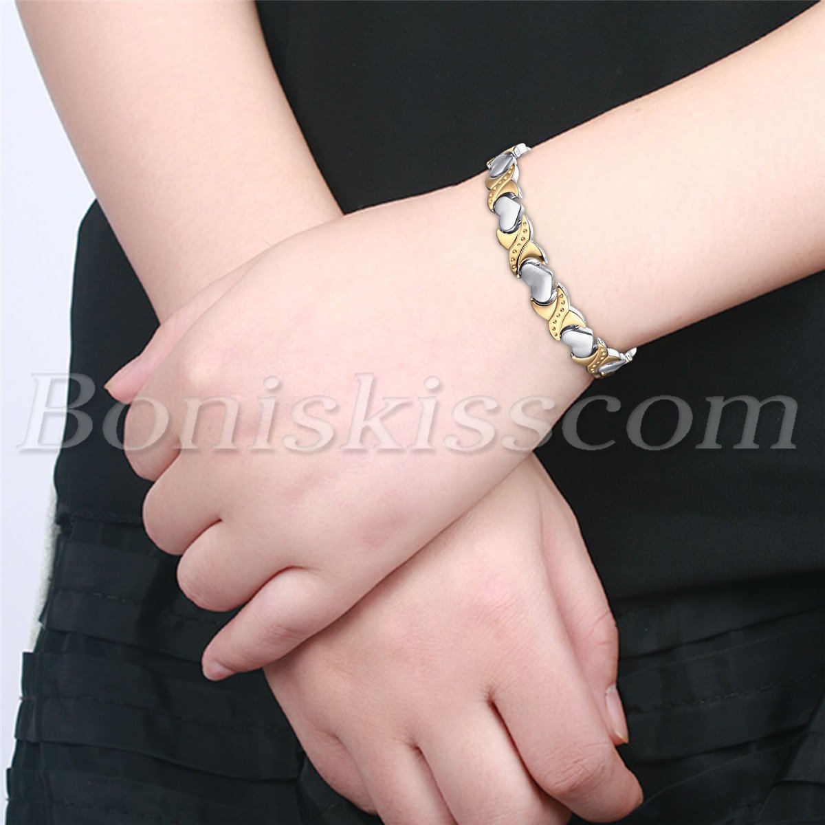 Silver Gold Tone Stainless Steel Charm Heart Magnetic Womens Bracelet Chain Link