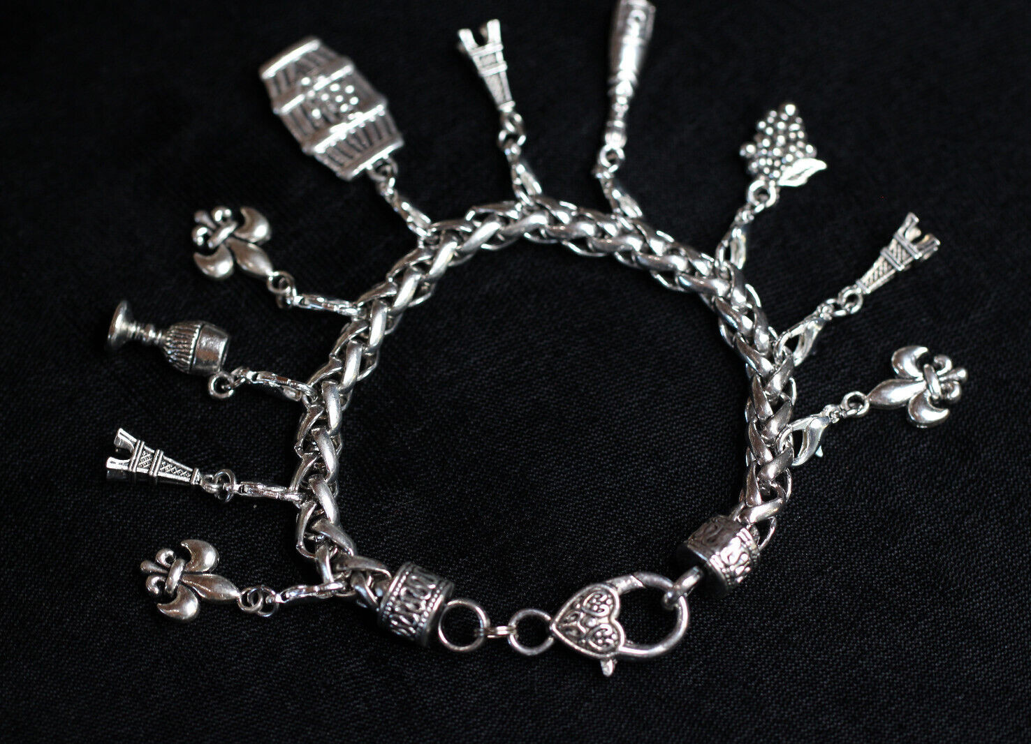 Paris Wine Lover Charm Bracelet Silver Pewter Charms 8″ Interchangeable Eiffel