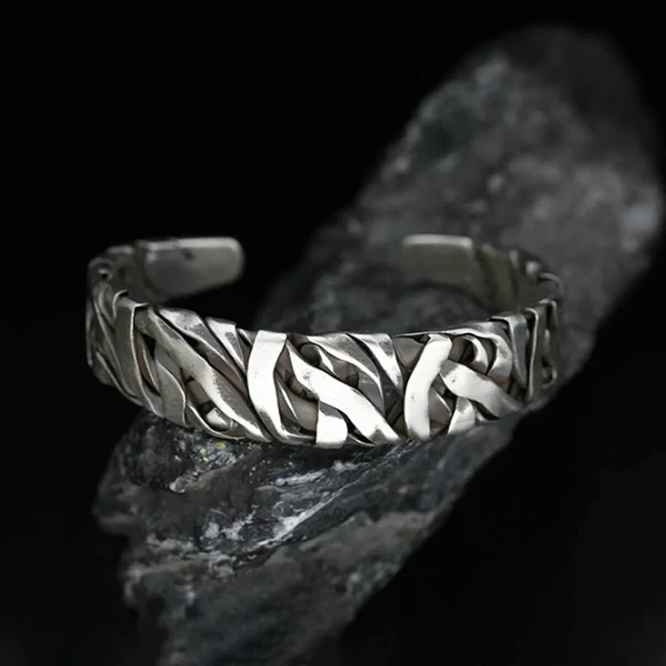 Retro C-Shaped Braided Alloy Men Bracelet Silver Cuff Fashion Jewelry Gift