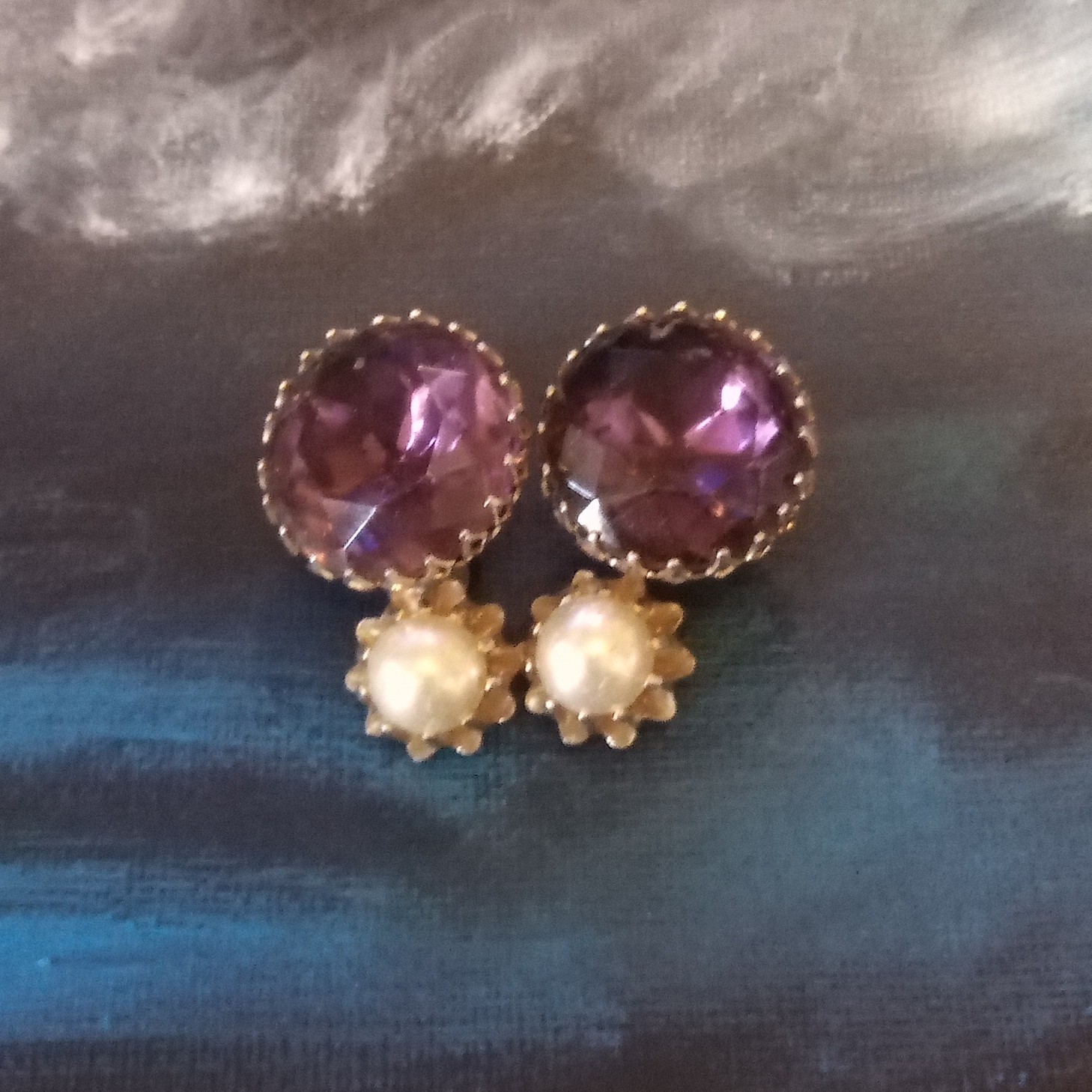 Gold Tone Clip-On Stud Earrings Purple Round Stone with Faux Pearl Drops