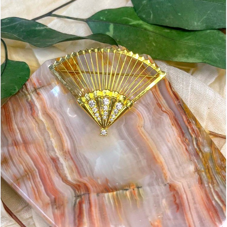 Monet Brand Vintage Fan Shaped Brooch with Rhinestone Details