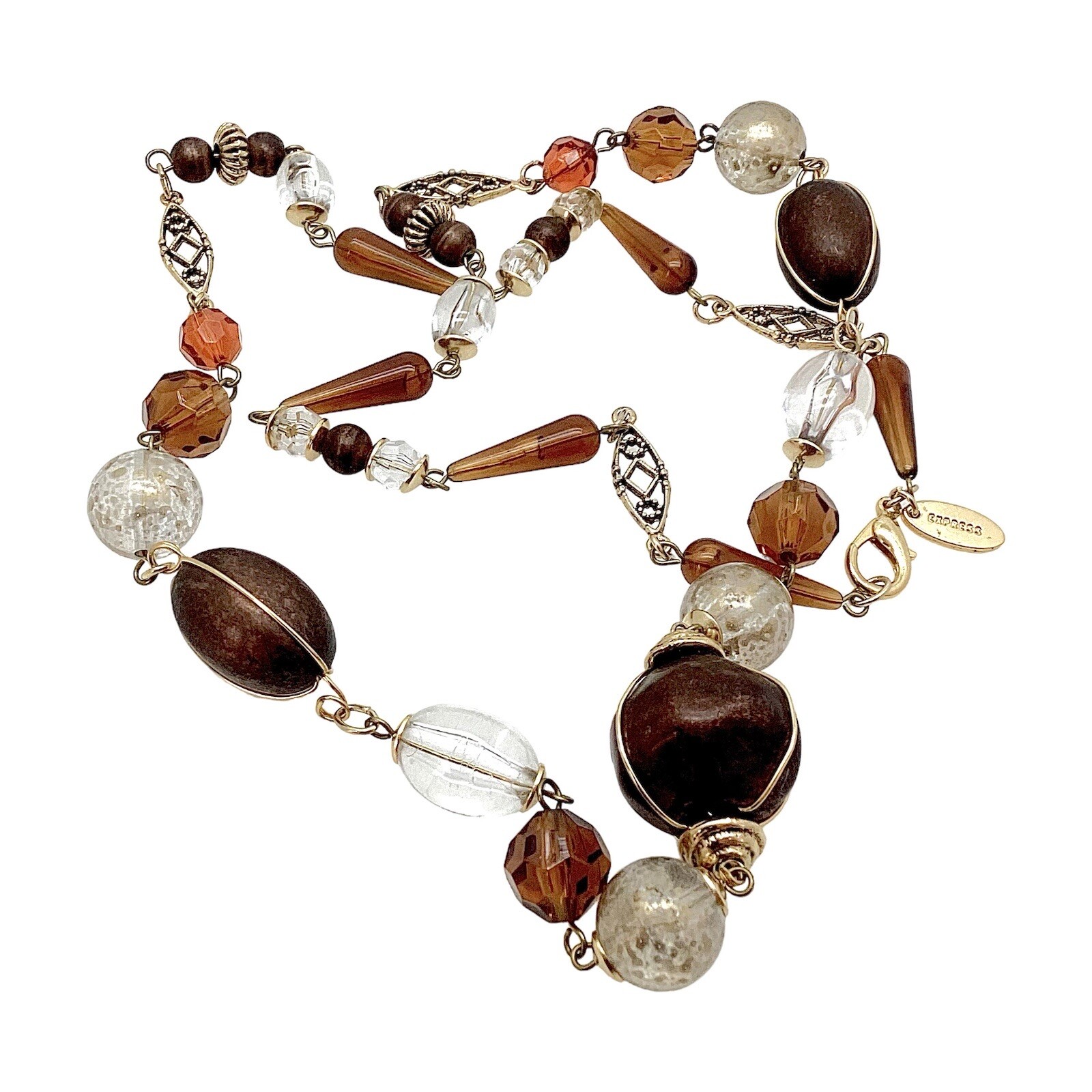 Italy Express 36” Long Beaded Necklace Gold Tone Mixed Materials Statement