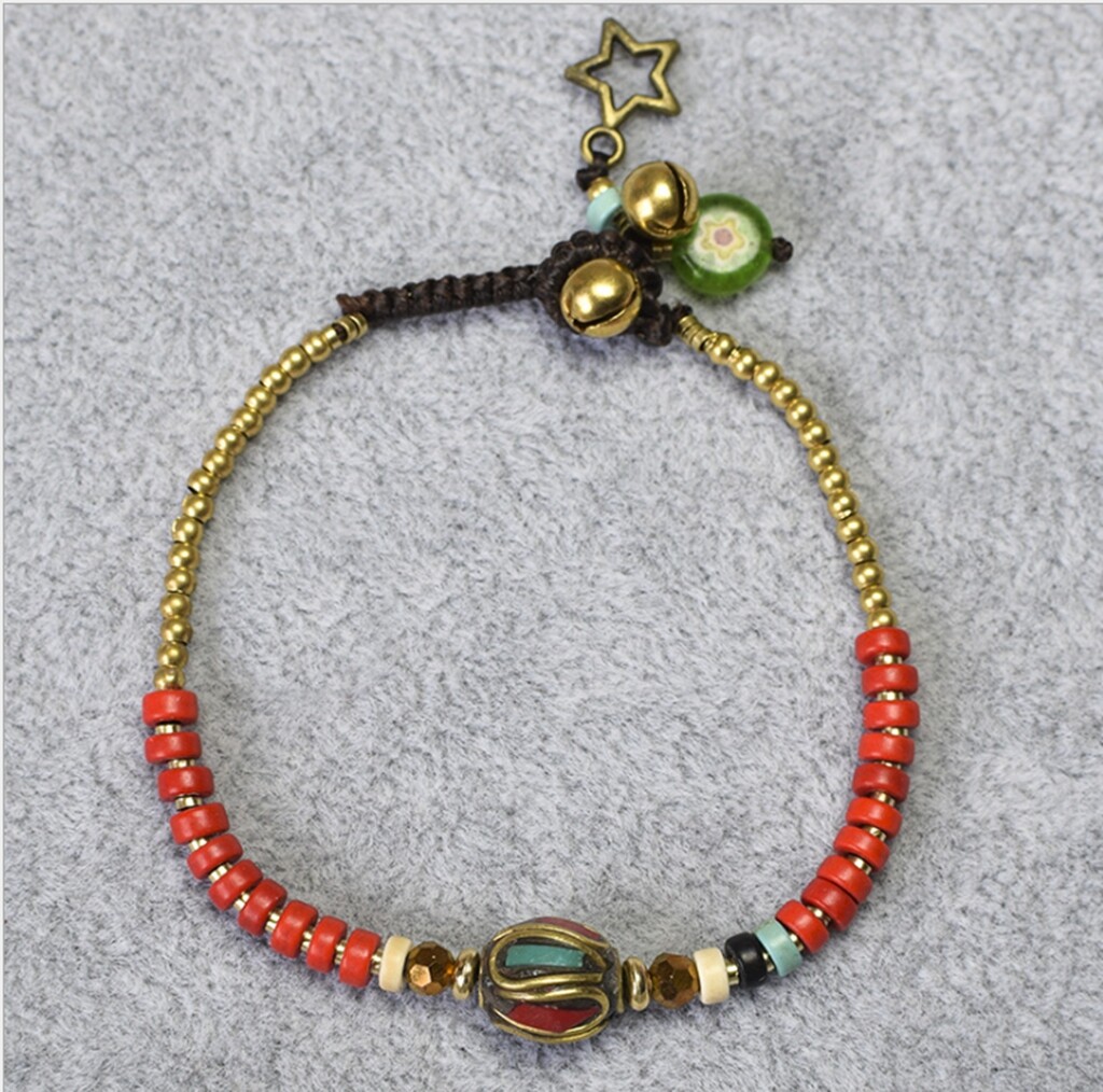 Protect Nepal / Bohemia Turquoise & Copper Bead Bell Wax Rope Hand Bracelet 7″