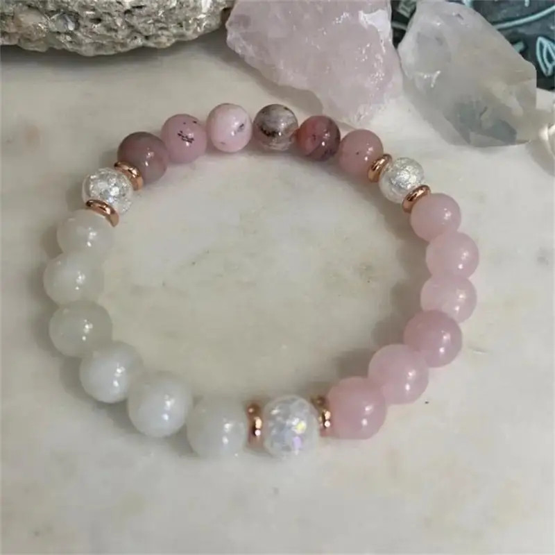 Summer Versatile White Quartzite Pink Opal Love Beaded Couple Matching Bracelet