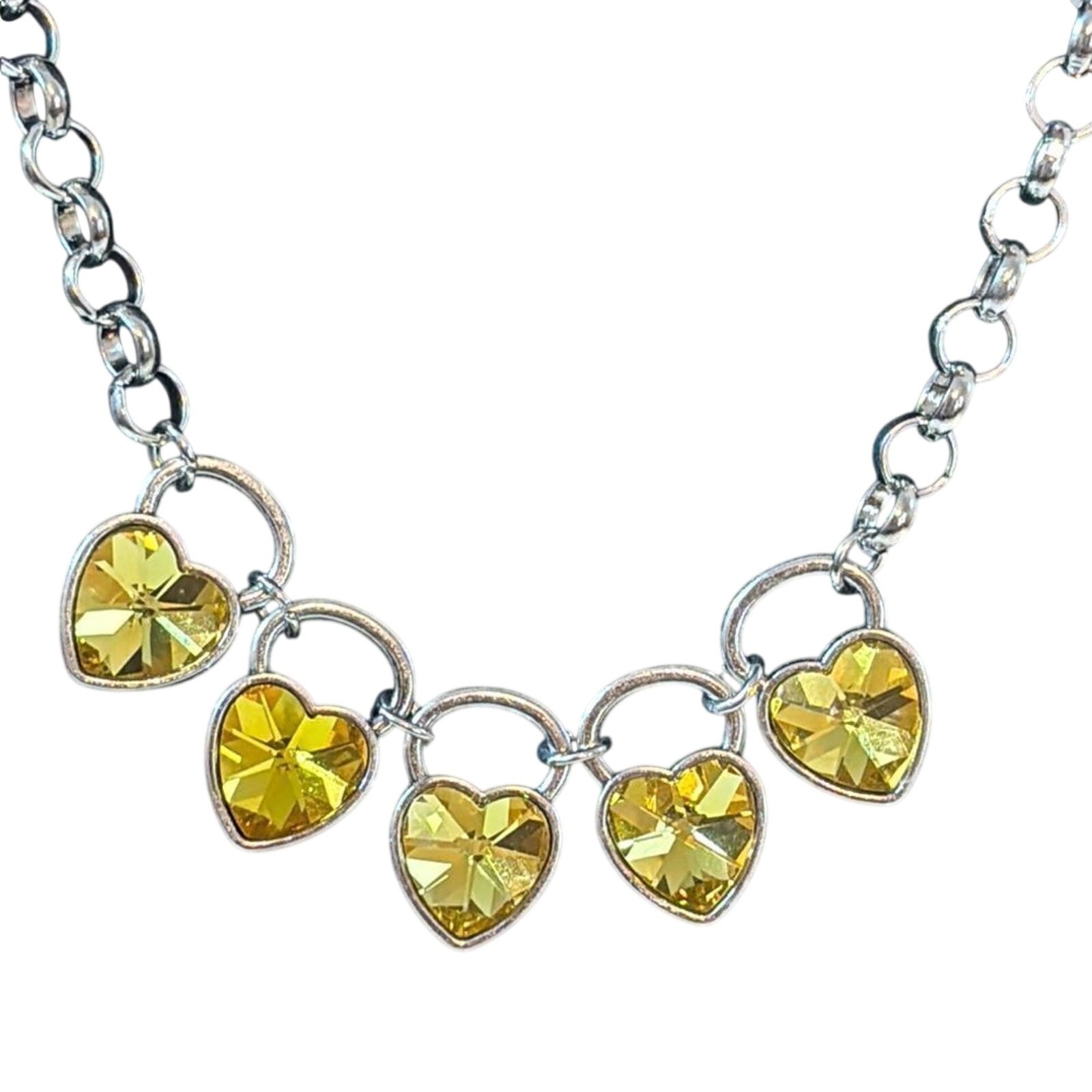 Yellow Heart Necklace Earring Set Silver Tone Glass Crystal 16” Cute Gift