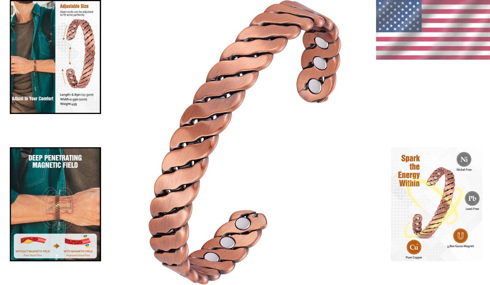 Stylish Copper Magnetic Therapy Bracelet with Fine 999 Stamp – Adjustable Size