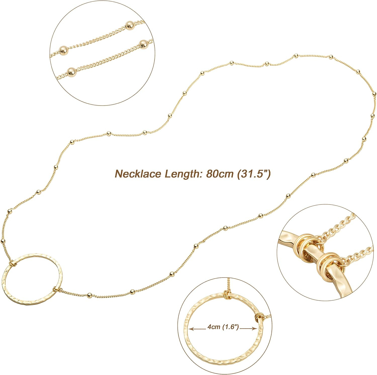 18K Gold Plated Circle Pendant Necklace Long Satellite Beaded Chain Jewelry for