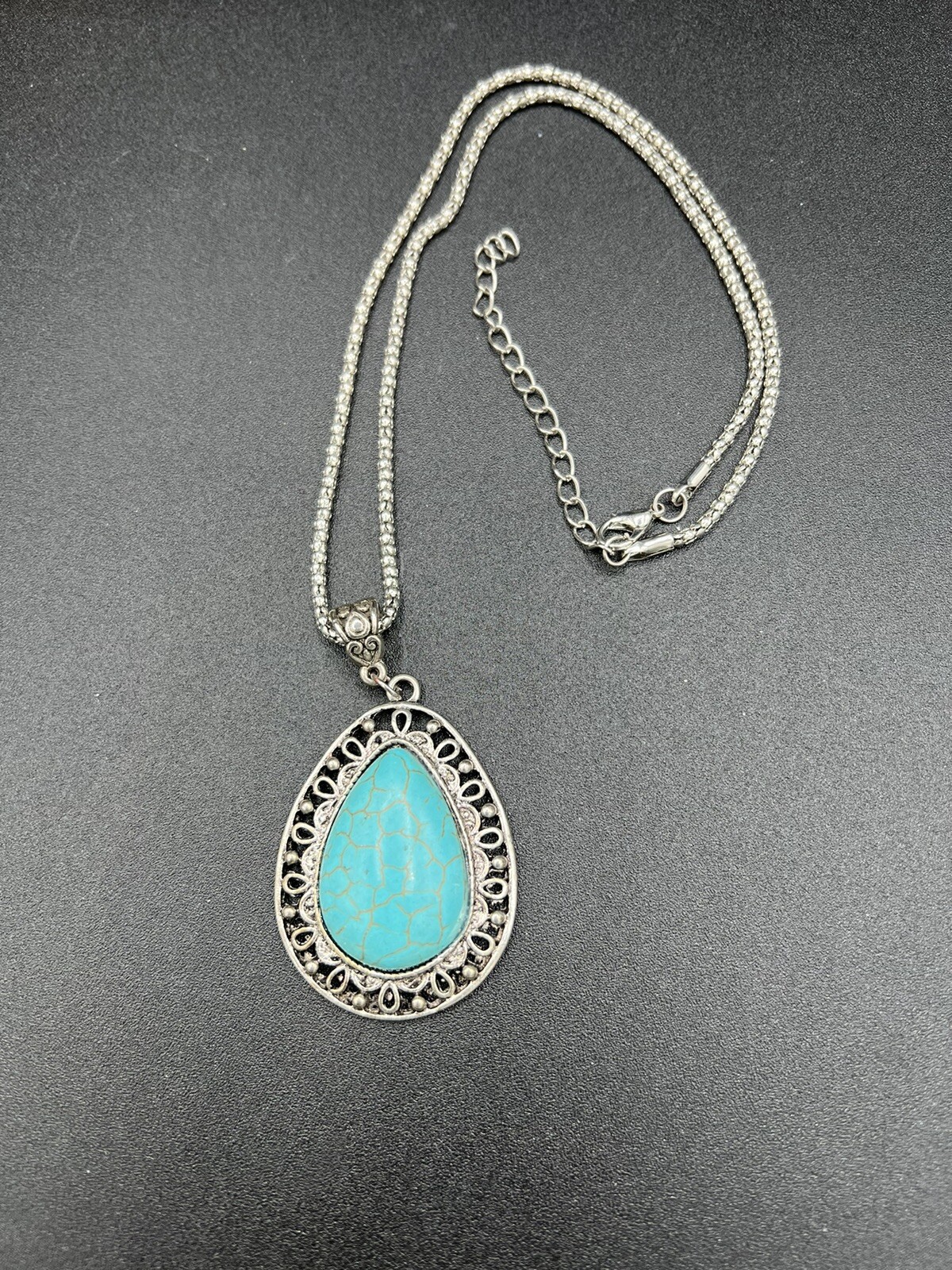 Silver Tone and Faux Turquoise Teardrop Pendant Necklace 18” + 2.5” Extender