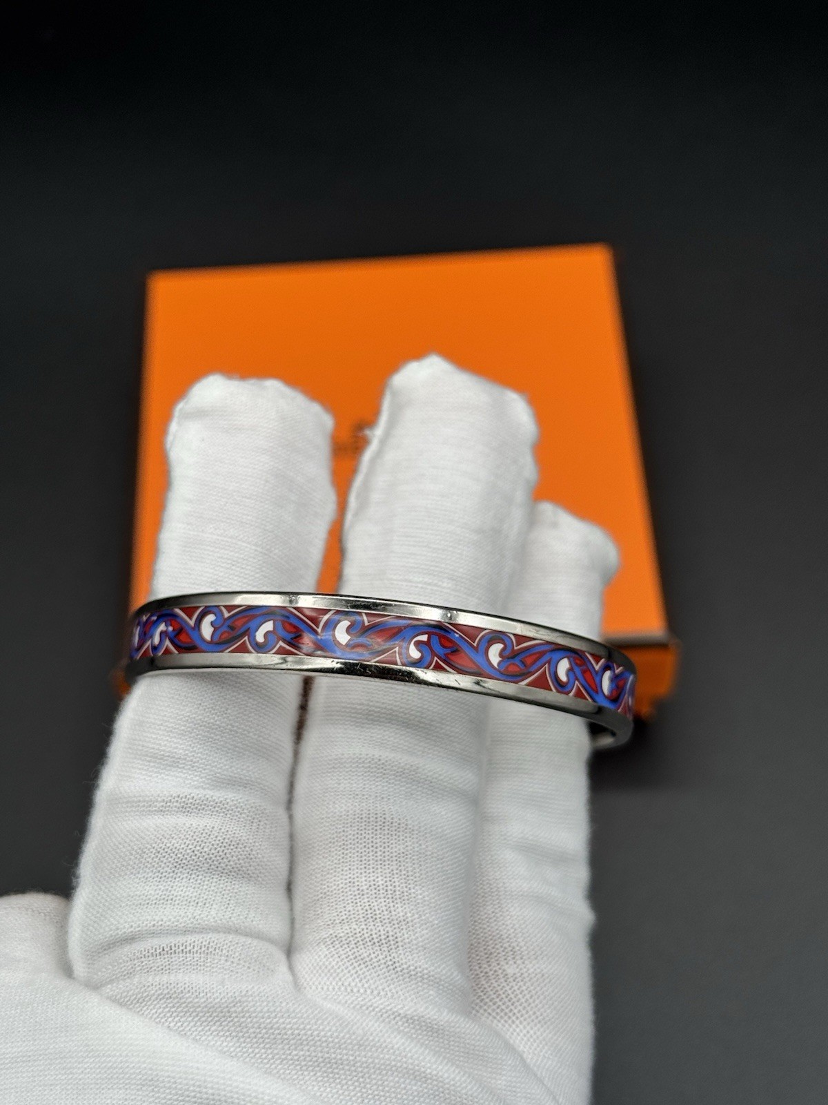 HERMÈS Signed Enamel & Metal Bangle Bracelet Multicolor Swirl Pattern