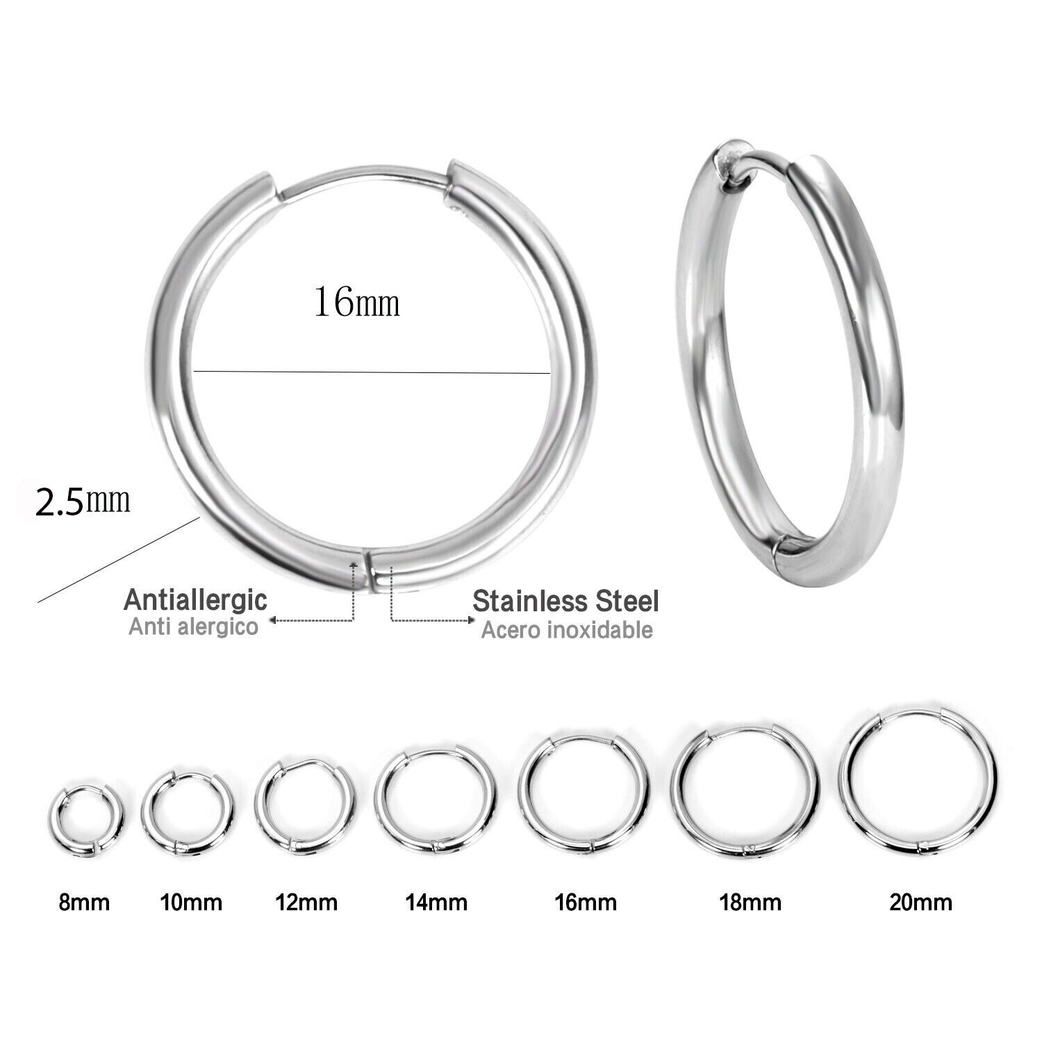 Stainless Steel 12 Gauge Huggie Hoop Earrings Unisex Women Men 13mm – 25mm E10