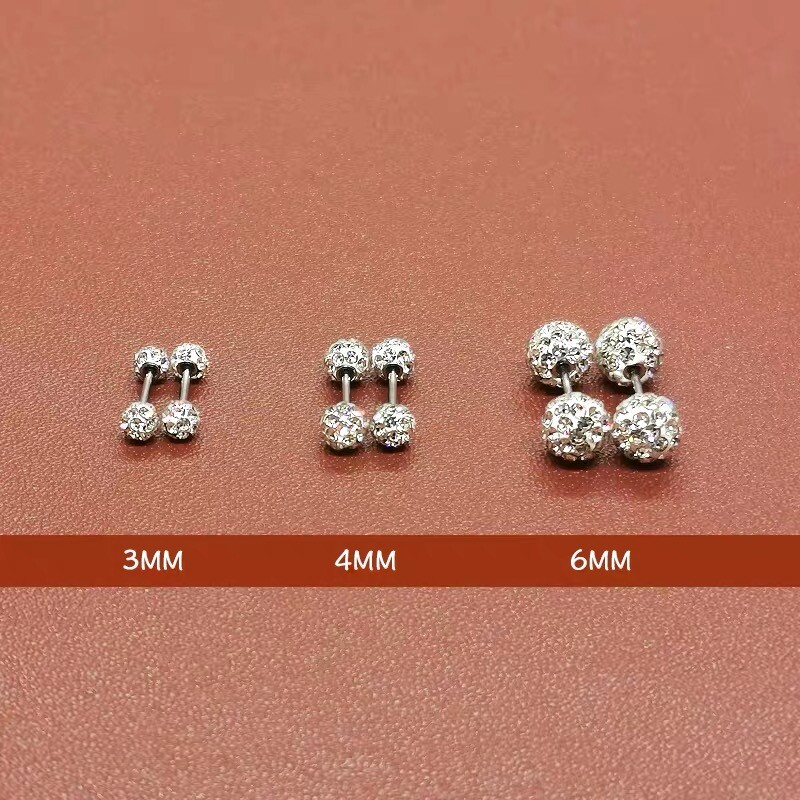 316L Surgical Steel Silver Round Ball CZ Crystal Screw Back Stud Earrings 3-6mm