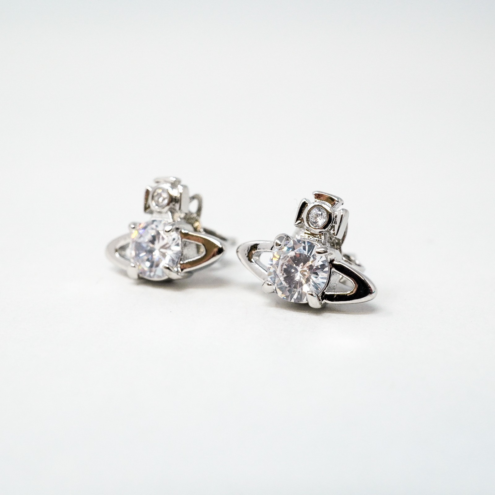Vivienne Westwood Earrings Small Silver Orb Studs With Crystals & Box