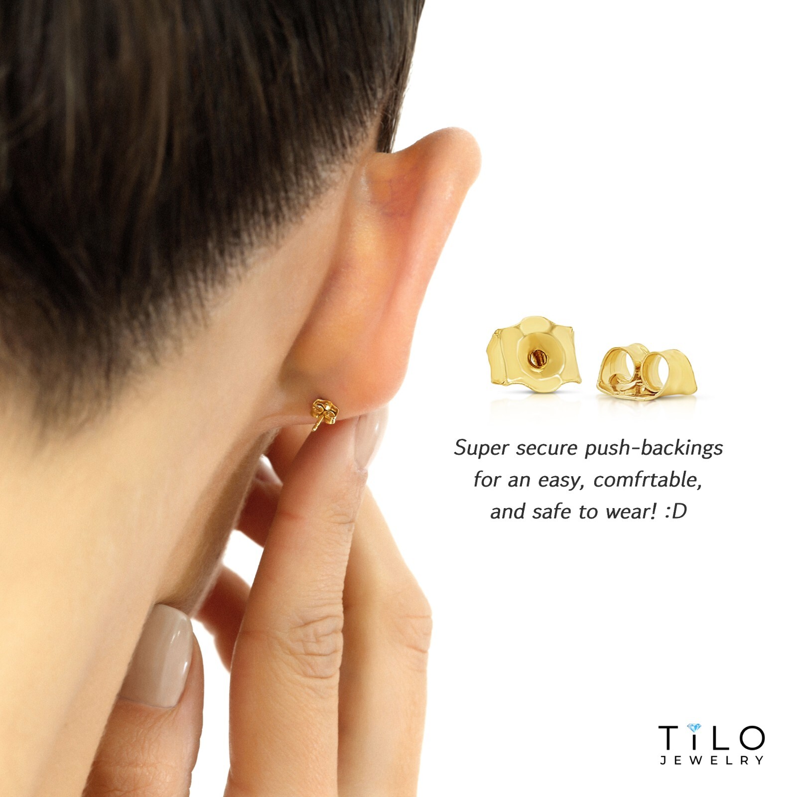 10K Real Solid Gold Solitaire Round CZ Sleeper Stud Earrings Push-back 2.5mm-8mm