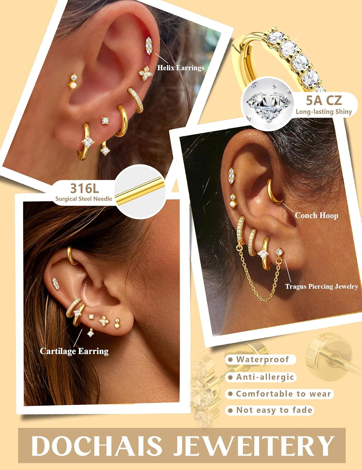Hypoallergenic Flatback Stud Hoop 14K Gold Plated Earrings Stacks – Surgical Sta