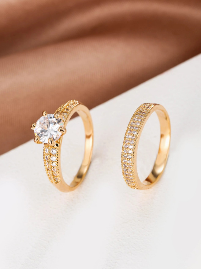 2 PCS CZ Ring Set Women Engagement Wedding Band Cubic Zirconia Jewelry Gift USA