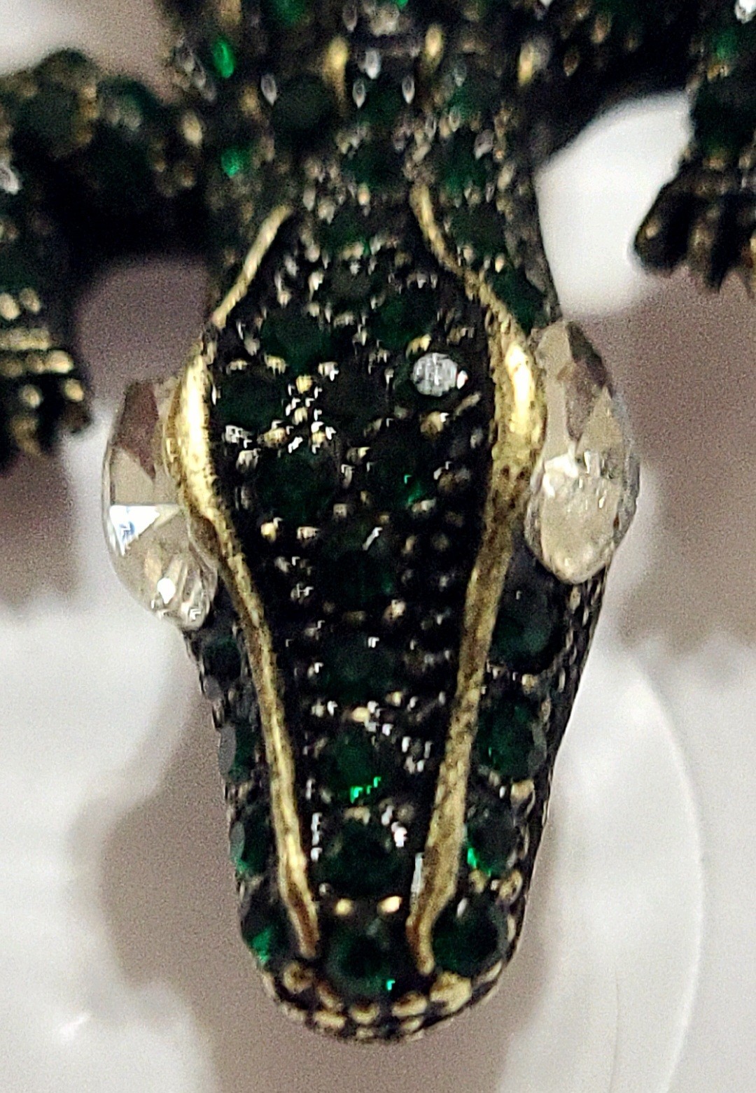 Vintage Green Rhinestone Alligator Brooch w/White Rhinestone Eyes In Gold Tone
